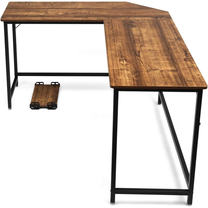 Письмовий стіл L-подібної форми, Кутовий стіл, Ігровий комп'ютерний стіл, Стіл для ПК, Комп'ютерний стіл з підставкою для процесора, Офісний стіл, Кутовий стіл, Кутовий стіл для домашнього офісу, (Сільський коричневий, 168 x 125 x 74 см)