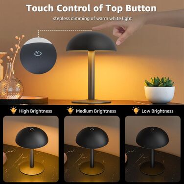 FUYO Грибний світильник без дротів - настільна лампа з сенсорним керуванням, регулюванням яскравості та функцією пам'яті, сучасний дизайн для спальні, вітальні та кемпінгу (Чорний)