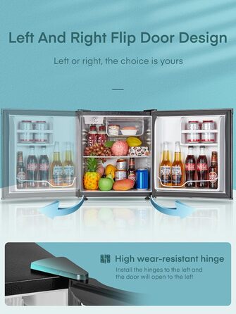 Міні-холодильник E 46L з морозильною камерою, низький рівень шуму 42 дБ, регулювання температури, колір нержавіюча сталь — для офісу, кухні та спальні