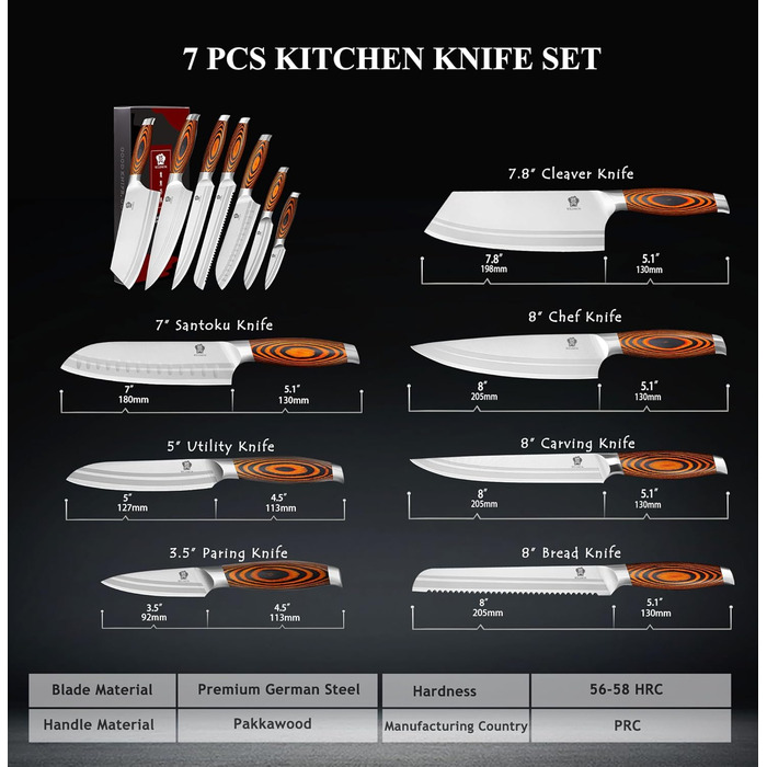 Набір ножів Wildmok 7 предметів: кухонний набір з німецької сталі з ручками з пакавуду