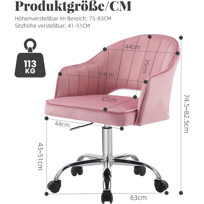 Крісло для офісу Fiximaster Homeoffice, крісло для робочого столу, обертове, регульоване по висоті, з велюру, ергономічне, для робочого кабінету/спальні, до 113 кг, рожеве