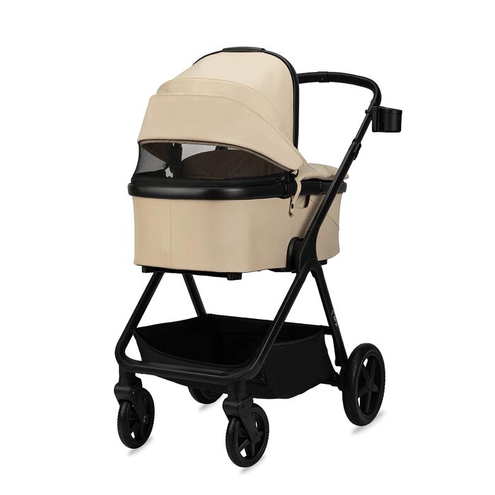 Дитяча коляска MoMi GISELLE 2 в 1 комбінована, бежева: для малюків від народження до 22 кг, з 5-точковим ременем безпеки, збірно-розкладна, з кошиком, матрацом, дощовиком та пеленатором