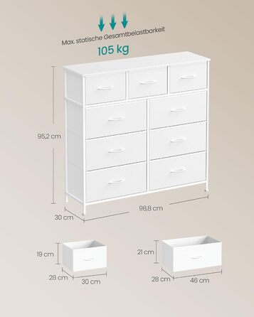 SONGMICS Комод з 9 висувних ящиків, шафа для зберігання, сталь, MDF, фліс, для спальні, прихожей, вітальні, білий (LGS323WH01)