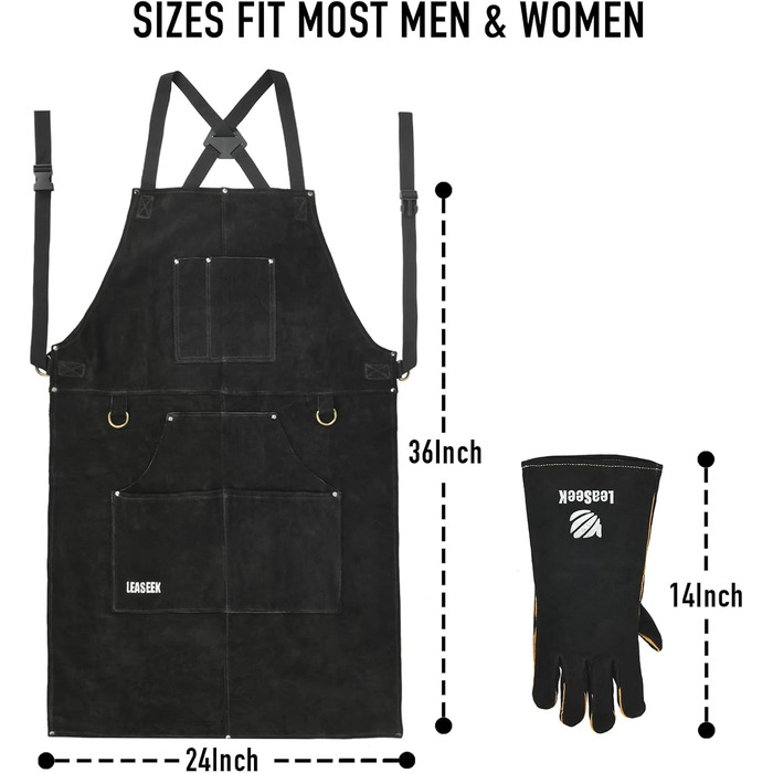 Фартух з шкіри для зварювальників LeaSeek, термостійкий та вогнестійкий, 6 кишень, 42' x 36' з рукавичками