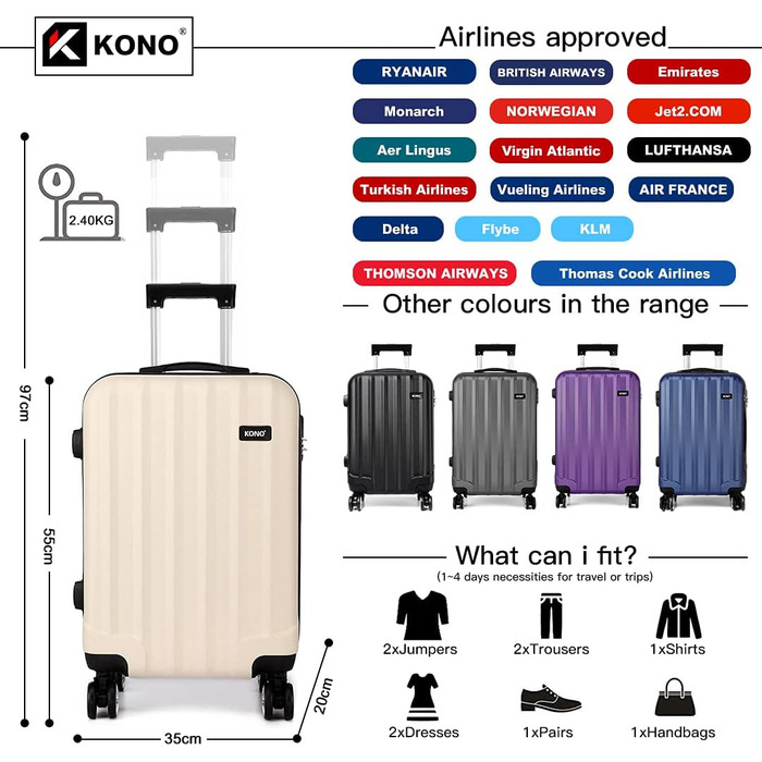 KONO Легкий ручний багаж, 55 x 35 x 20 см, жорсткий корпус, ABS, 4 колеса, бежевий колір