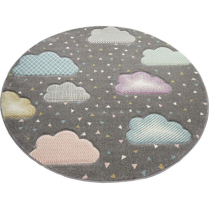 Килим CARPETIA для дитячої кімнати, дитячий килим з хмарами, сірий, рожевий, синій Розмір (120 см круглий)