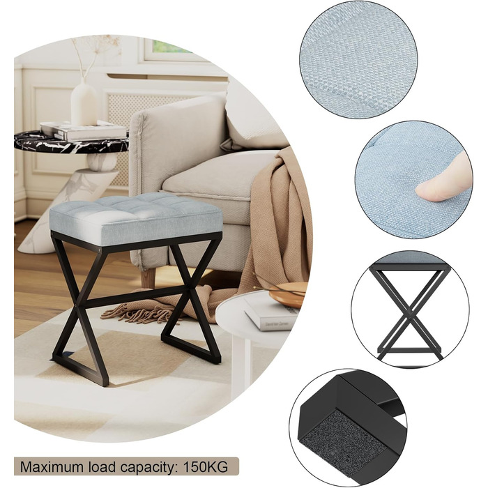 Пуф для макіяжу, пуф-табуретка з льону, 40x30x46 см, сіро-блакитний колір, HBD033G