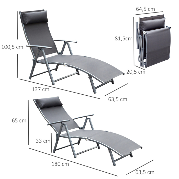 Шезлонг Outsunny Garden Lounger складний регульований з подушкою, шезлонг сірий, метал і тканина 137 x 63.5 x 100.5 см для саду та тераси