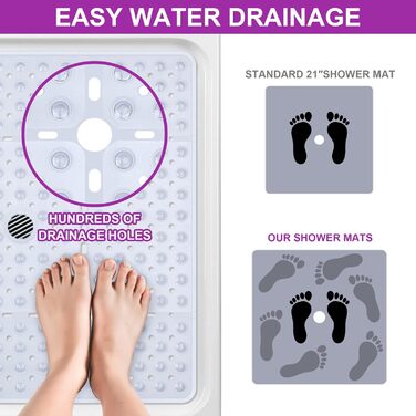 Протиковзкий килимок для душу Kingrading XL 70x70 см, 240 присосок, зливні отвори, можна прати в пральній машині (прозорий)
