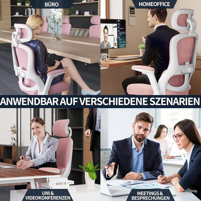 Ергономічне крісло TRALT для офісу та дому: ігрове крісло з регульованою підголівником та поперековою підтримкою, mesh-крісло, 150 кг, рожеве