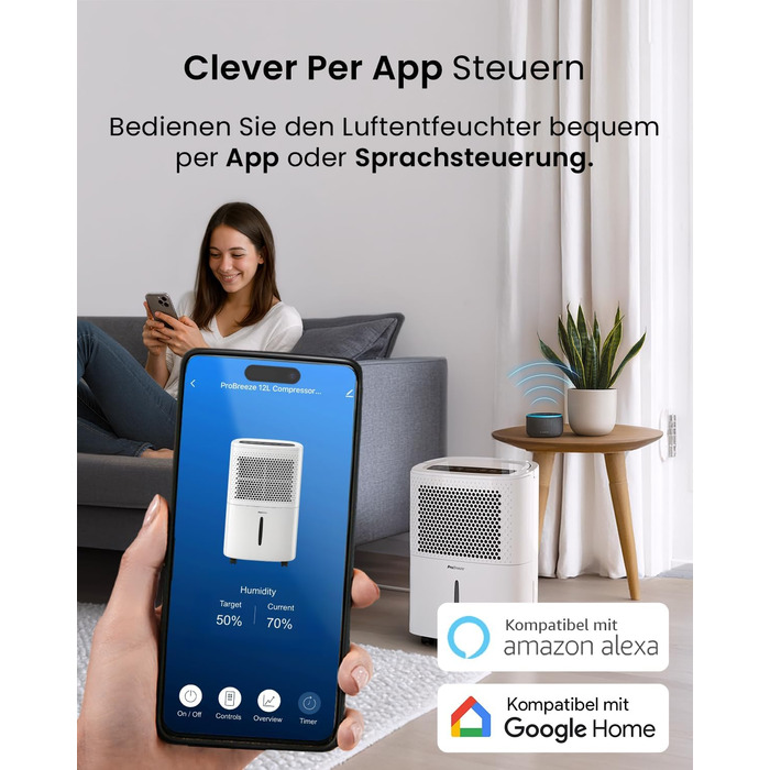 Pro Breeze® Eco Kompakt 12L/день: Електричний осушувач повітря з LED-дисплеєм, функцією сушіння білизни та Smart App (20 м²)