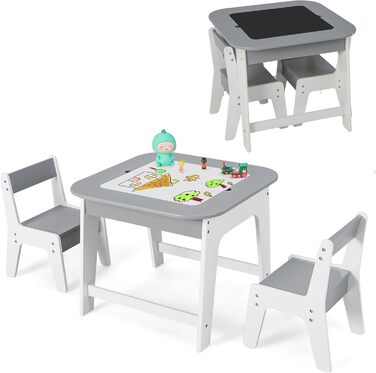 Дитячий стіл DREAMADE з 2 стільцями: комплект меблів для дитячої кімнати з двосторонньою стільницею та місцем для зберігання, 3-ох частинний набір для дітей від 3 років, підходить для дитячих кімнат та садочків (натуральний+білий) (сірий+білий)