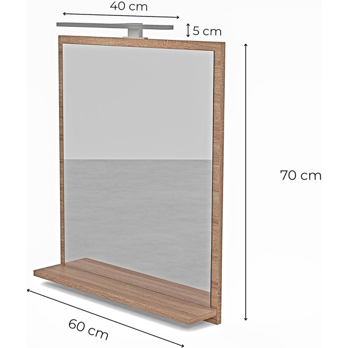 Дзеркало для ванної кімнати HAJDUK FURNITURE з підсвічуванням 4000K IP44 Sonoma, 70x60 см - з полицею та LED