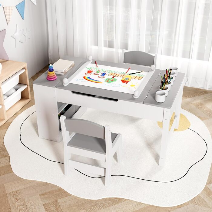 Дитячий стіл зі стільцями, дерев'яний набір, дитяча група сидінь з місцем для зберігання, стіл для малювання з рулоном паперу, стіл для малювання та рукоділля для дітей від 3 років (Сірий)