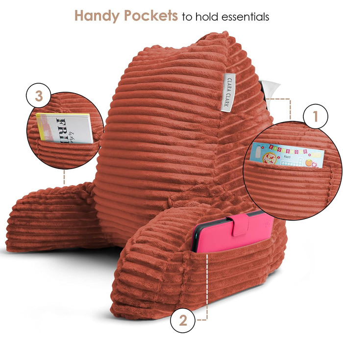 Крісло-подушка Clara Clark для дорослих - спинка для сидіння в ліжку, стандартна плюшева подушка для ліжка, подушка для стільця з подрібненим пінопластом з підлокітниками та кишенями, срібляста (Medium, Misty Rose)