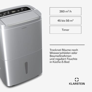 Електричний осушувач повітря Klarstein DryFy 20L - 400W, 20л/день, 5л бак, 46dB, Auto-Swing, таймер, режим сушіння білизни, для дому та офісу, білий