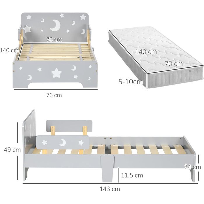 Дитяче ліжко ZONEKIZ для дітей 3-6 років зі зірковими та місячними мотивами, MDF та ДСП, 143x76x49 см, сірий та деревоподібний колір