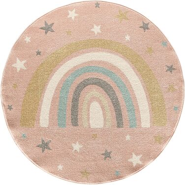 Сучасний дитячий килим з м'яким ворсом, що не вимагає особливого догляду, стійкий до фарбування, з райдужним малюнком (Круглий Розмір 160 на 160 см, рожевий)
