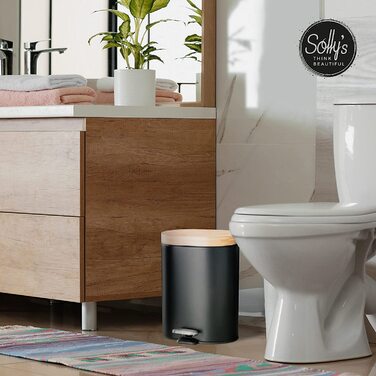 Косметичне відро Sollys об'ємом 3 л з бамбуковою кришкою, педальне відро з автоматичним опусканням для ванної кімнати (чорне, 6 літрів)