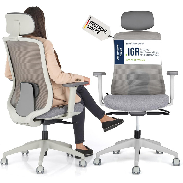 Ергономічне крісло Schekka® для офісу - індивідуальне налаштування, підтримка голови та попереку, 3D підлокітники, дихаюча сітка, 150 кг, світло-сірий/м'ятний колір. З підголовником