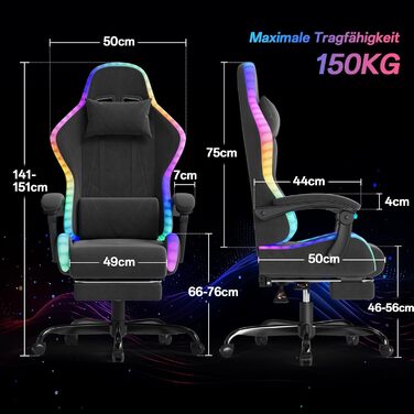 Ігровий крісло JUMMICO з тканини та LED підсвічуванням, ергономічний офісний стілець з масажем попереку та підставкою для ніг, регулювання 90°-135°, максимальне навантаження 150 кг, темно-сірий колір