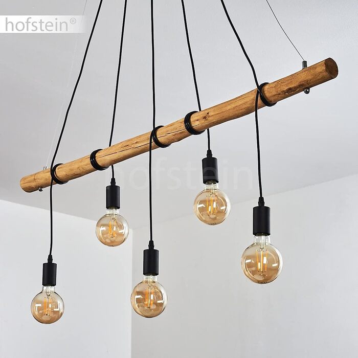 Підвісний світильник Seegaard, підвісний світильник з металу/дерева в чорному/коричневому кольорі, 5 полум'я, 5 x E27, сучасний підвісний світильник, без лампочки