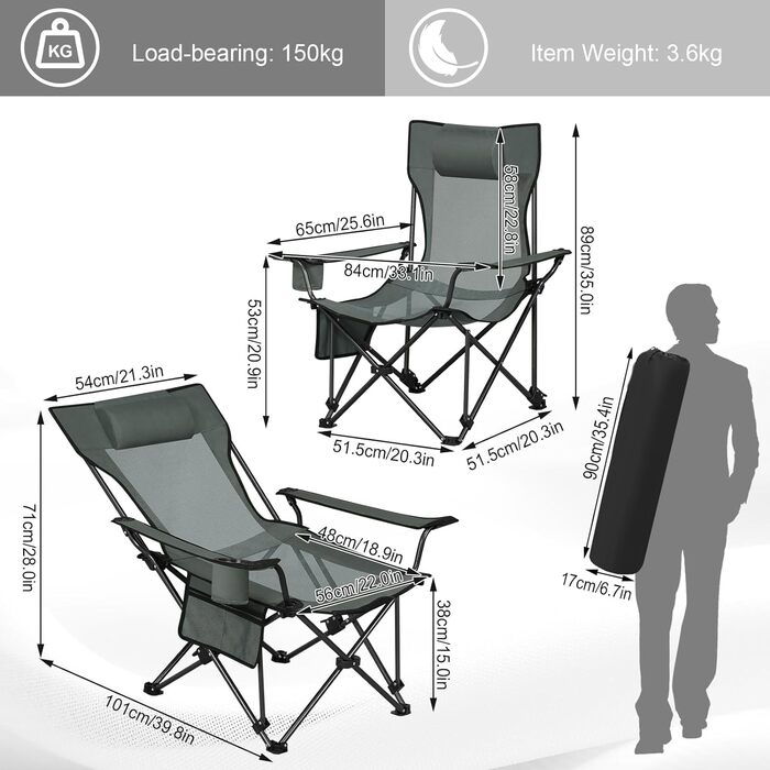 Набір розкладних стільців WOLTU Camping Chair з 2 шт. , розкладний стілець Шезлонг з регульованою спинкою, рибальське крісло ультралегке з підлокітниками та підстаканником, до 150 кг CPS8163-2 (сірий)