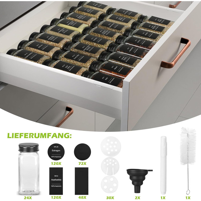Набір скляних банок для спецій 30 шт. з дозатором, 120 мл, чорний колір, вологостійкі етикетки, органайзер для спецій