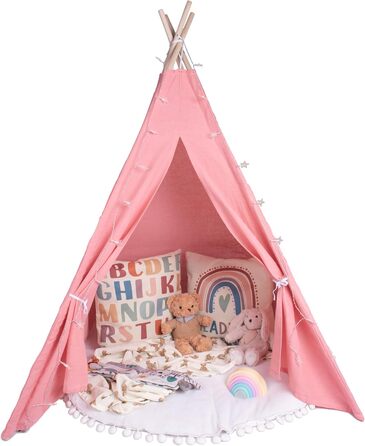 Дитяче намету для ігор | Ігровий намет-тіпі для дівчаток та хлопчиків, 140 x 120 см, бавовняна тканина з зірками, килимок в комплекті (Pink Blush)