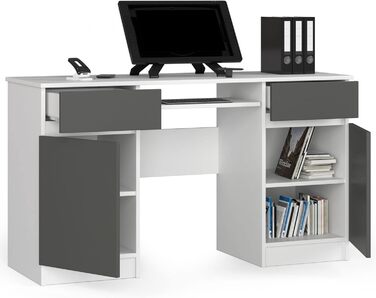 Стіл для ПК A5 з лотком для клавіатури Офісний стіл Комп'ютерний стіл Офісний стіл з лотком для клавіатури 2 шухляди та 2 дверні полиці, W135 x H77 x D50 см, 58 кг (Білий/графітово-сірий)