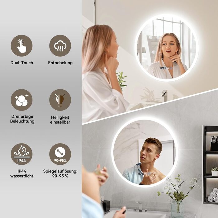 Дзеркало для ванної кімнати YOURLITE з підсвічуванням, діаметр 60 см, LED, 3 кольори, диммування, сенсорне управління, антизапар, пам'ять, IP44, білий