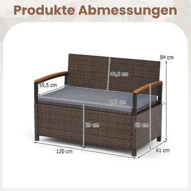 Лавка садова Costway з ротангу Polyrattan, з ящиком для зберігання, 2-місна, сіра (120x61x84 см) для балкона, тераси, саду з подушками