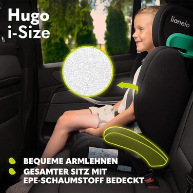 Автокрісло Lionelo Hugo R129 (100–150 см) – ISOFIX, 8 положень підголівника, Memory Foam, бічний захист, комфортні підлокітники (Чорно-червоний, I-SIZE)