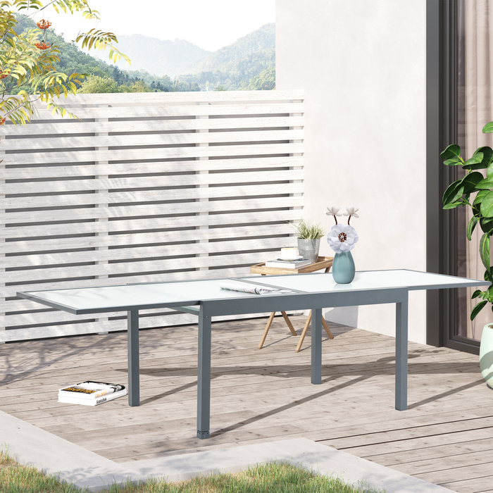 Обідній стіл Outsunny Garden зі стільницею із загартованого скла 160-210 см розкладний, алюміній, прямокутний, сіро-білий для балконних та садових меблів