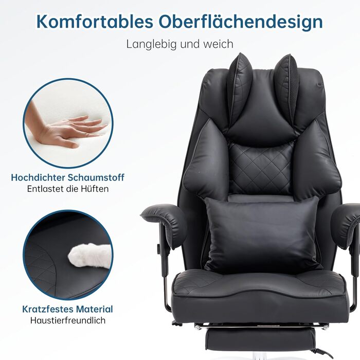 Офісний крісло Asukale Ergonomic 200kg з підніжкою, поперековою подушкою та широким сидінням, регульоване по висоті, імітація замші (чорний)