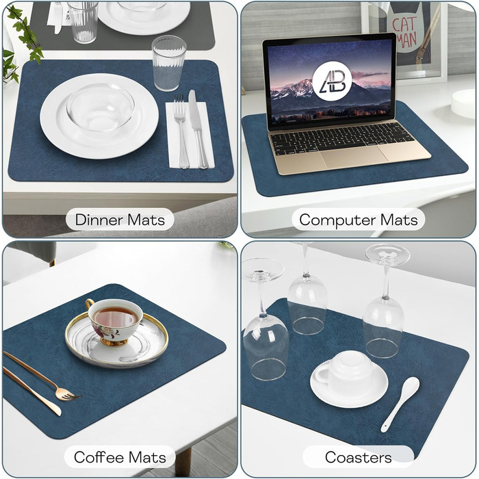 Набори підставки під тарілки 6 шт., неслизькі, миючі, з штучної шкіри, 40 x 30 см (блакитний/сірий)