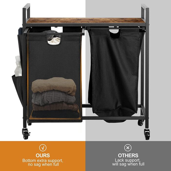 WOWLIVE Подвійний кошик для білизни з кришкою, на коліщатках, з металу, сортувальник для білизни з верхньою полицею та 2 знімними мішками, велике зберігання одягу для кімнати (110л, чорний)