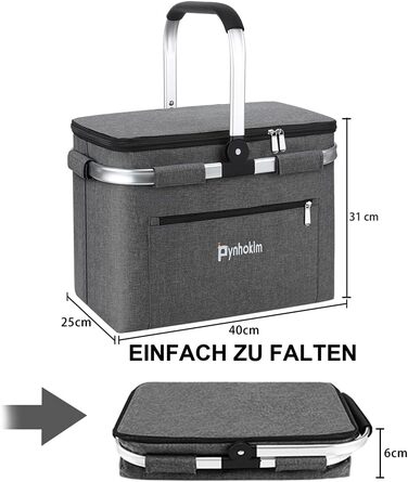Складний кошик для покупок Pynhoklm 30 л з функцією охолодження, кришка, навантаження 25 кг, кошик для пікніка/термо