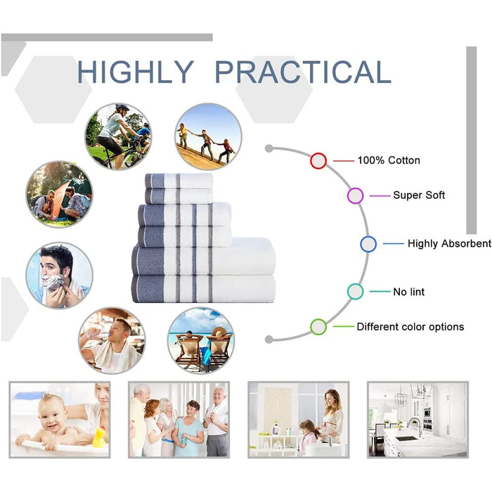 Рушник з єгипетського бавовни масою 600 г / м2 для готелю, спа, кухні та ванної кімнати, набір з 6 предметів, 2 ванних, 2 рук, 2 мочалок- (набір рушників з 6 предметів, білий з синьою і сірою облямівкою)