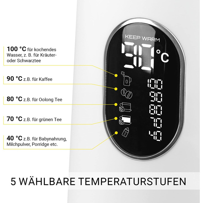 Чайник N8WERK 1,5 л, налаштування температури, функція підтримки тепла, LED-дисплей 40-100C, місячне світло білий