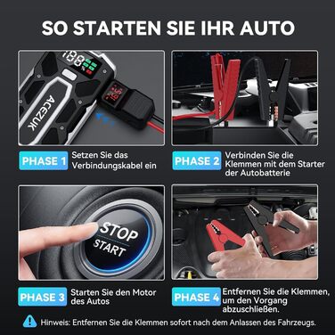 Портативний зарядний пристрій Starthilfe Powerbank 6000A для автомобіля з LED-ліхтариком та великим екраном (7000A Чорний)