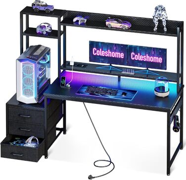 Ігровий стіл Coleshome з полицею та шухлядами, 137×48 см. Стіл для ігор з LED-підсвічуванням, розеткою, полицями та підставкою для монітора. Вуглецеве волокно, чорний колір