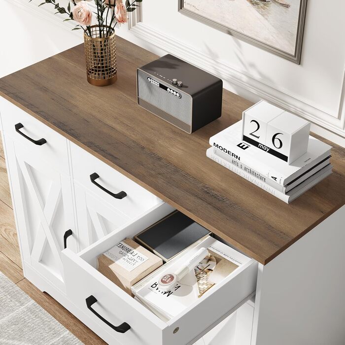 Сайдборд HOCSOK: кухонна шафа з 3 висувними ящиками та 3 дверцятами, буфет з робочою поверхнею, для кухні, їдальні, вітальні, дерево, білий & коричневий