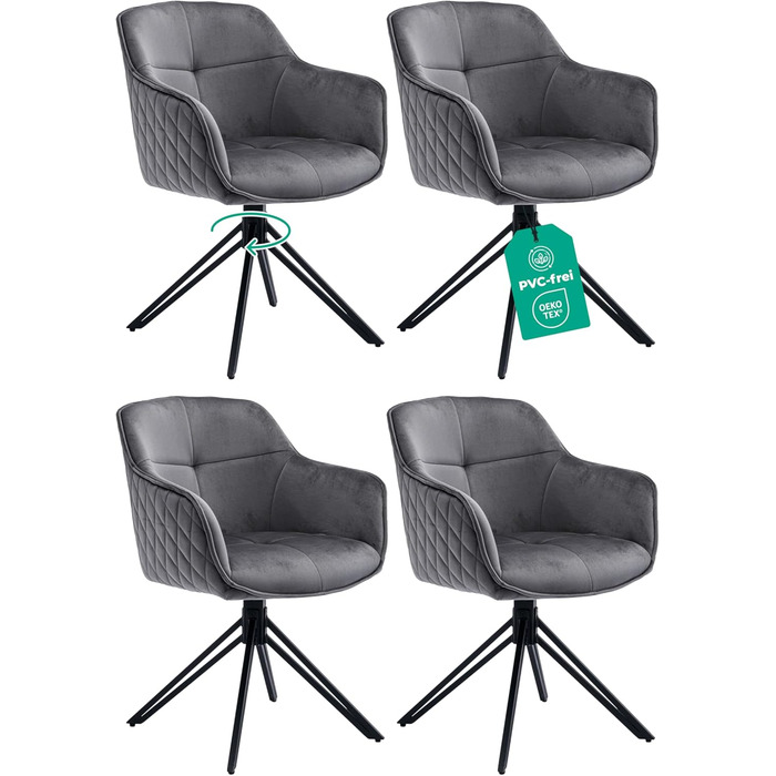 Обідні стільці в комплекті (4 шт) сірого кольору з пружинним блоком, поворотні, з оксамитовим покриттям, високий рівень комфорту, ретро-стиль, легка збірка, без ПВХ, сертифікат Oeko-TEX, доставка по Україні