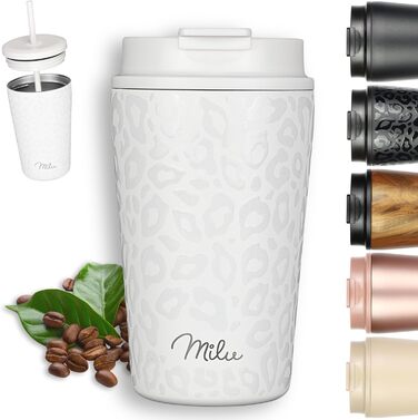 Термокружка Milu 400 мл - не протікає, з нержавіючої сталі, з трубочкою, ізольована, зберігає тепло 10 годин / холод 20 годин, без BPA (White Leopard)