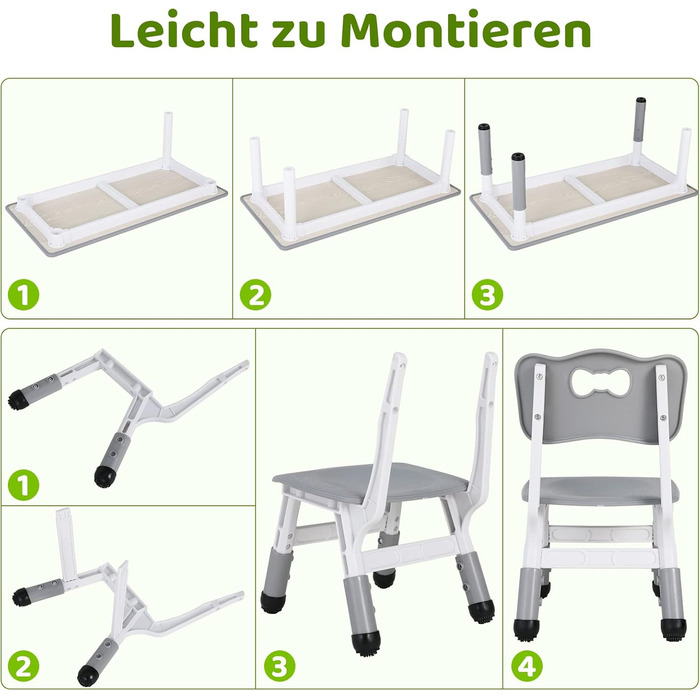 Дитячий стіл MAMIZO з 4 стільцями, регульована висота, набір для дитячої кімнати/садка, пластикові меблі, сірий, 60 x 120 см