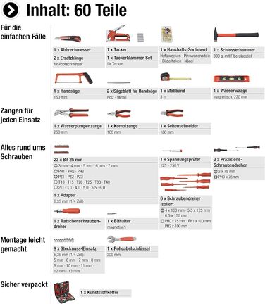 Набір інструментів Meister 60 предметів у кейсі для дому та повсякденного використання 8973630