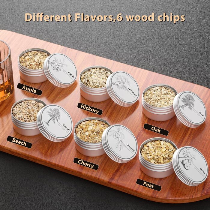 iDiskk Набір для копчення коктейлів: електричний димогенератор для віскі, бурбон, міксологія, вбудований запальник, 6 дерев'яних стружок