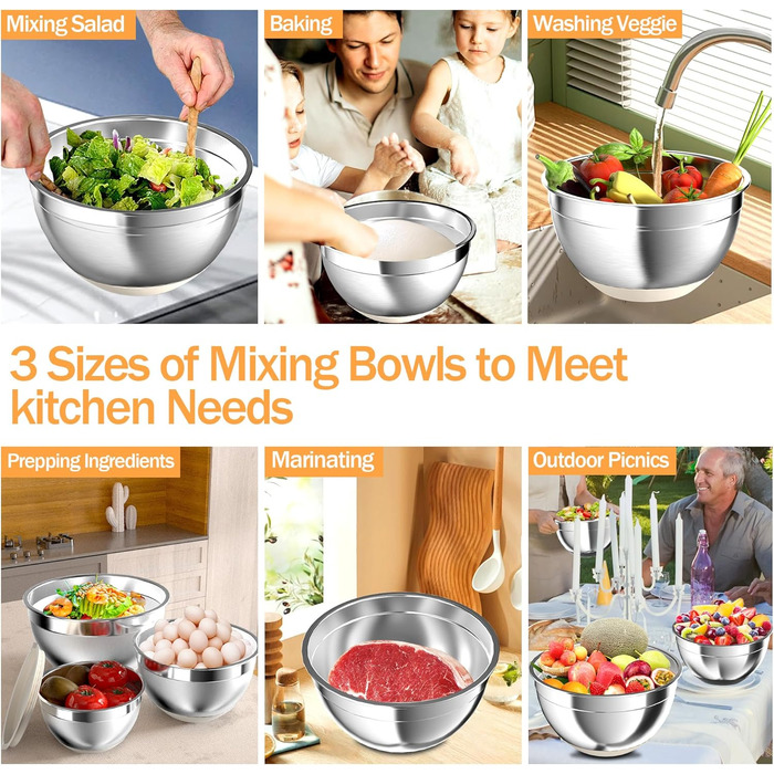 Набір міксерів з кришками, нержавіюча сталь, 3 шт., сито та тертка, антиковзаюча основа, об'єм 1.5, 2.5, 5 л, для змішування та подачі, кольор хакі