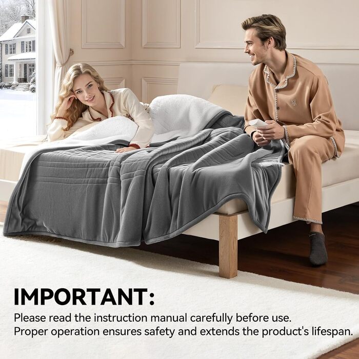Електрична гріюча ковдра з автовимкненням, 9 зон нагріву, 200x180 см, таймер 1-9 год з функцією пам'яті, швидкий нагрів, рівномірний розподіл тепла, двостороння фланель та штучне хутро